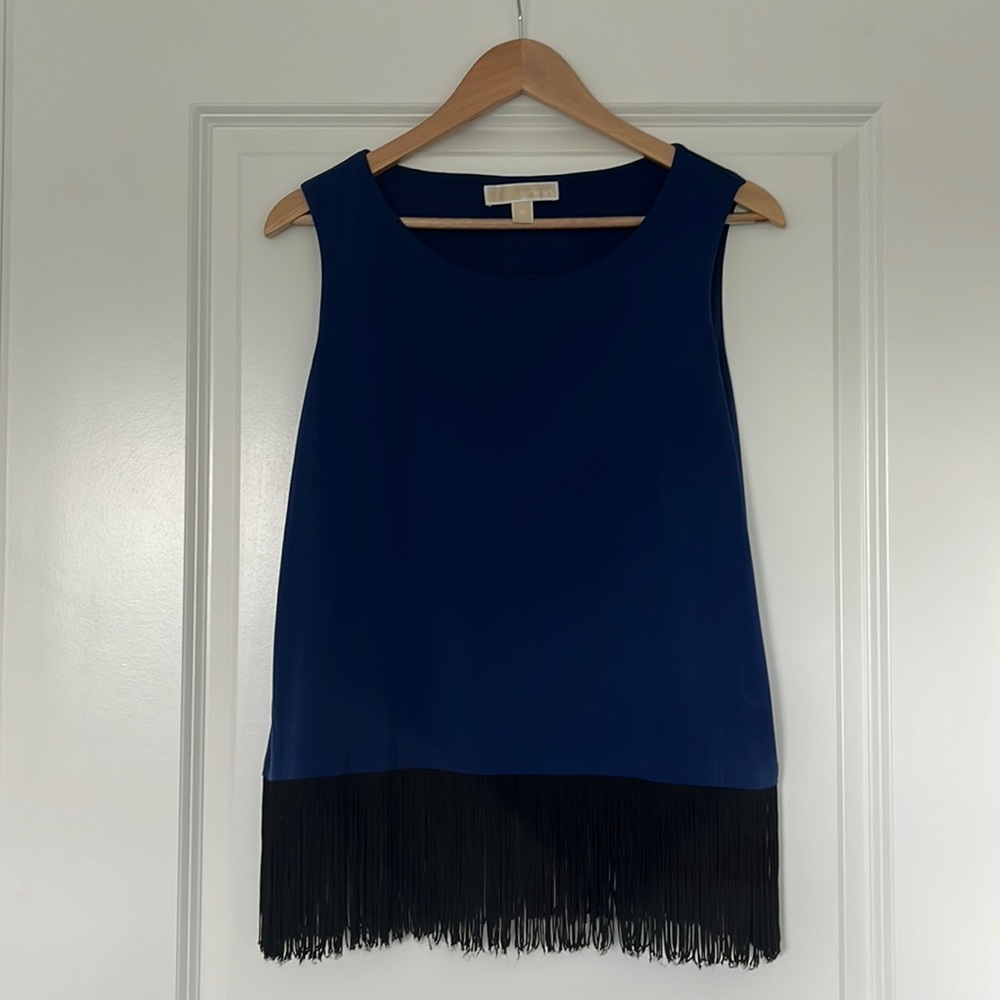 Michael Kors Navy Blue Sleeveless top with Black Fringe